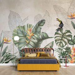 Tapet personalizat Tropical cu plante verzi si papagali exotici - TROPICAL DRAWING