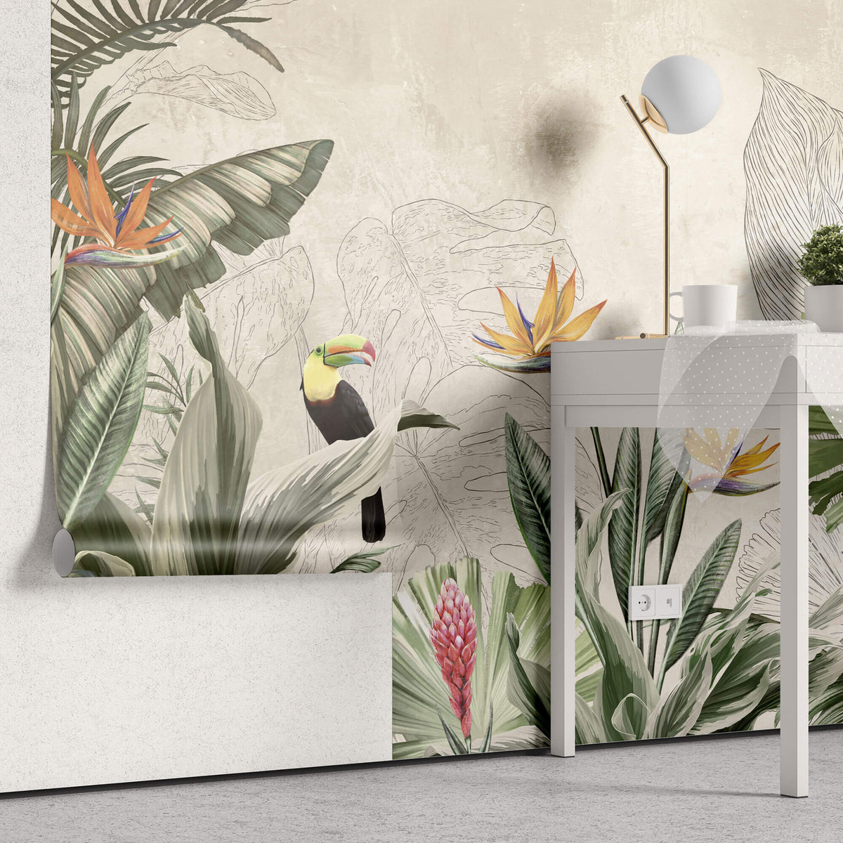 Tapet personalizat Tropical cu plante verzi si papagali exotici - TROPICAL DRAWING