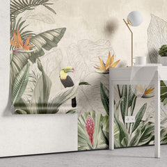 Tapet personalizat Tropical cu plante verzi si papagali exotici - TROPICAL DRAWING