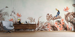Tapet personalizat Tropical cu plante in nuante rozalii si papagli exotici - CORAL JUNGLE