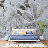 Tapet personalizat Tropical cu pasari si fructe exotice in nuante de albastru-gri - TROPICAL BLUE MURAL