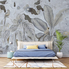 Tapet personalizat Tropical cu pasari si fructe exotice in nuante de albastru-gri - TROPICAL BLUE MURAL