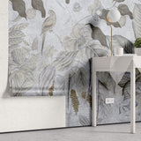 Tapet personalizat Tropical cu pasari si fructe exotice in nuante de albastru-gri - TROPICAL BLUE MURAL