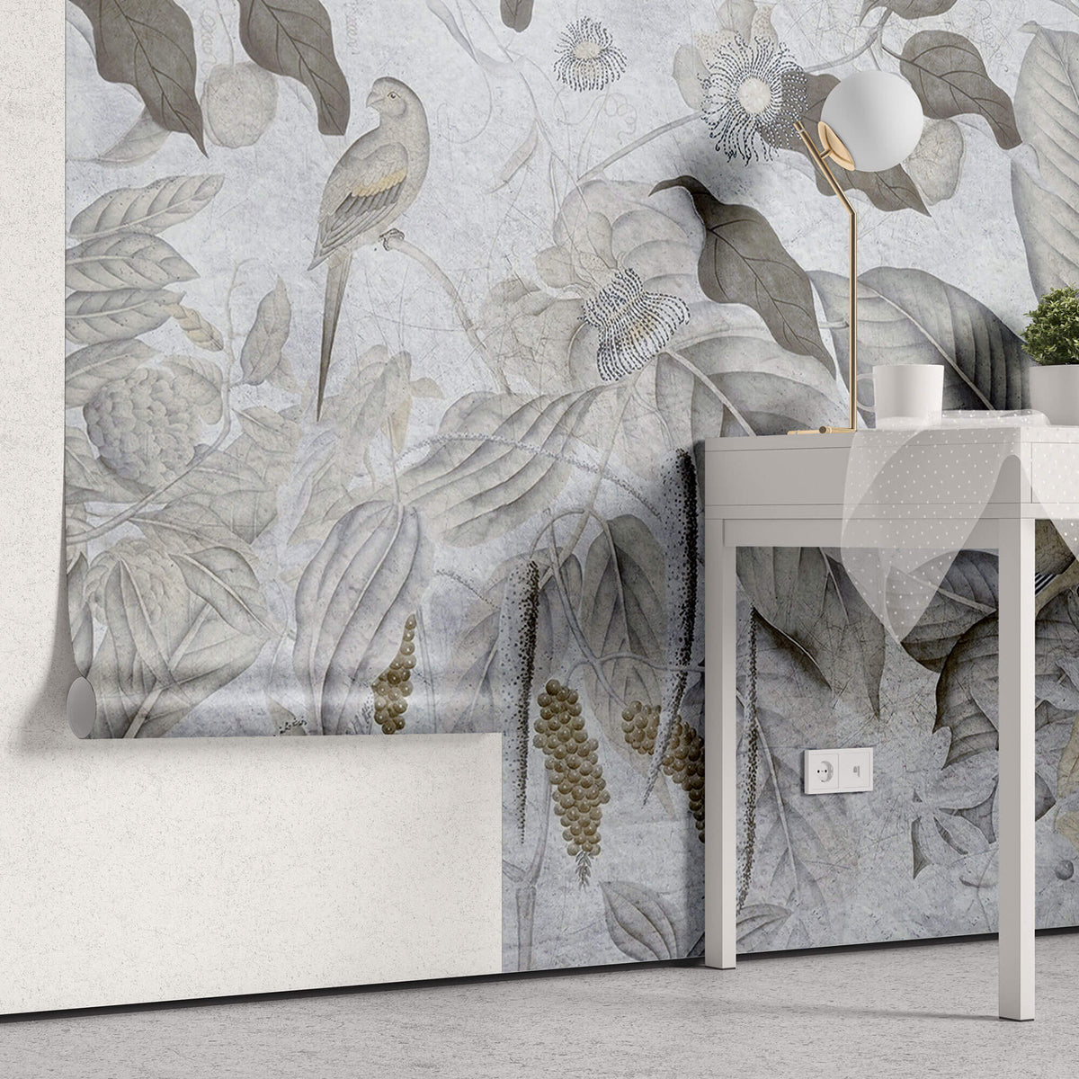 Tapet personalizat Tropical cu pasari si fructe exotice in nuante de albastru-gri - TROPICAL BLUE MURAL