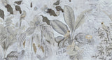 Tapet personalizat Tropical cu pasari si fructe exotice in nuante de albastru-gri - TROPICAL BLUE MURAL