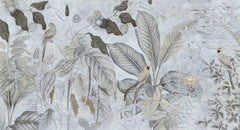 Tapet personalizat Tropical cu pasari si fructe exotice in nuante de albastru-gri - TROPICAL BLUE MURAL