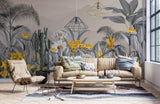 Tapet personalizat Tropical cu peisaj montan tropical cu flori galbene si plante gri - YELLOW FLOWERISH JUNGLE