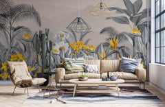 Tapet personalizat Tropical cu peisaj montan tropical cu flori galbene si plante gri - YELLOW FLOWERISH JUNGLE