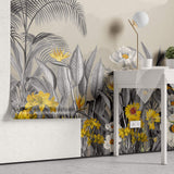 Tapet personalizat Tropical cu peisaj montan tropical cu flori galbene si plante gri - YELLOW FLOWERISH JUNGLE