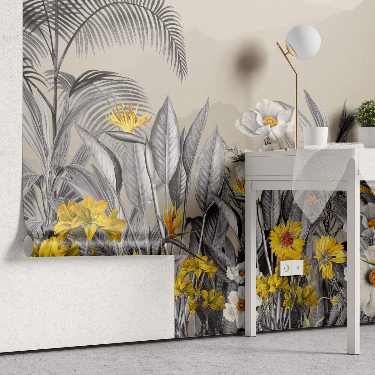Tapet personalizat Tropical cu peisaj montan tropical cu flori galbene si plante gri - YELLOW FLOWERISH JUNGLE