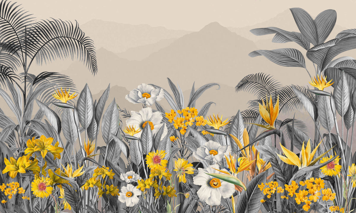 Tapet personalizat Tropical cu peisaj montan tropical cu flori galbene si plante gri - YELLOW FLOWERISH JUNGLE