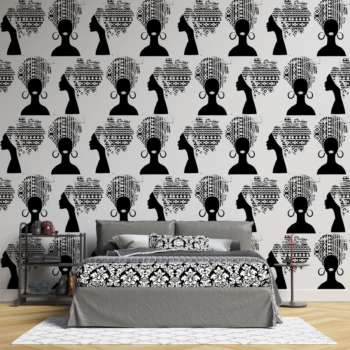 Tapet personalizat african abstract cu femeie cu turban african pe fundal alb african woman