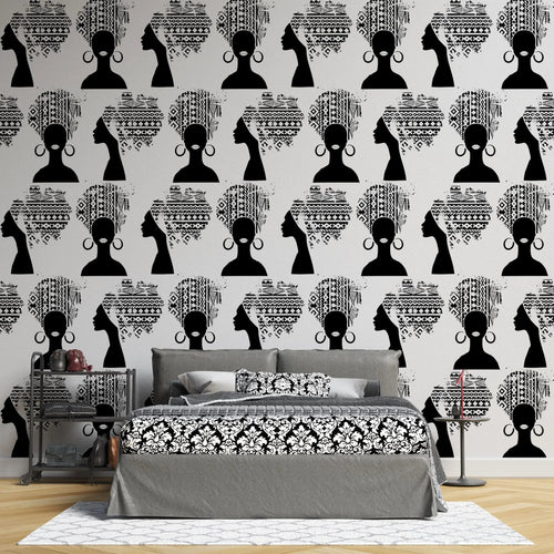 Tapet personalizat african abstract cu femeie cu turban african pe fundal alb african woman