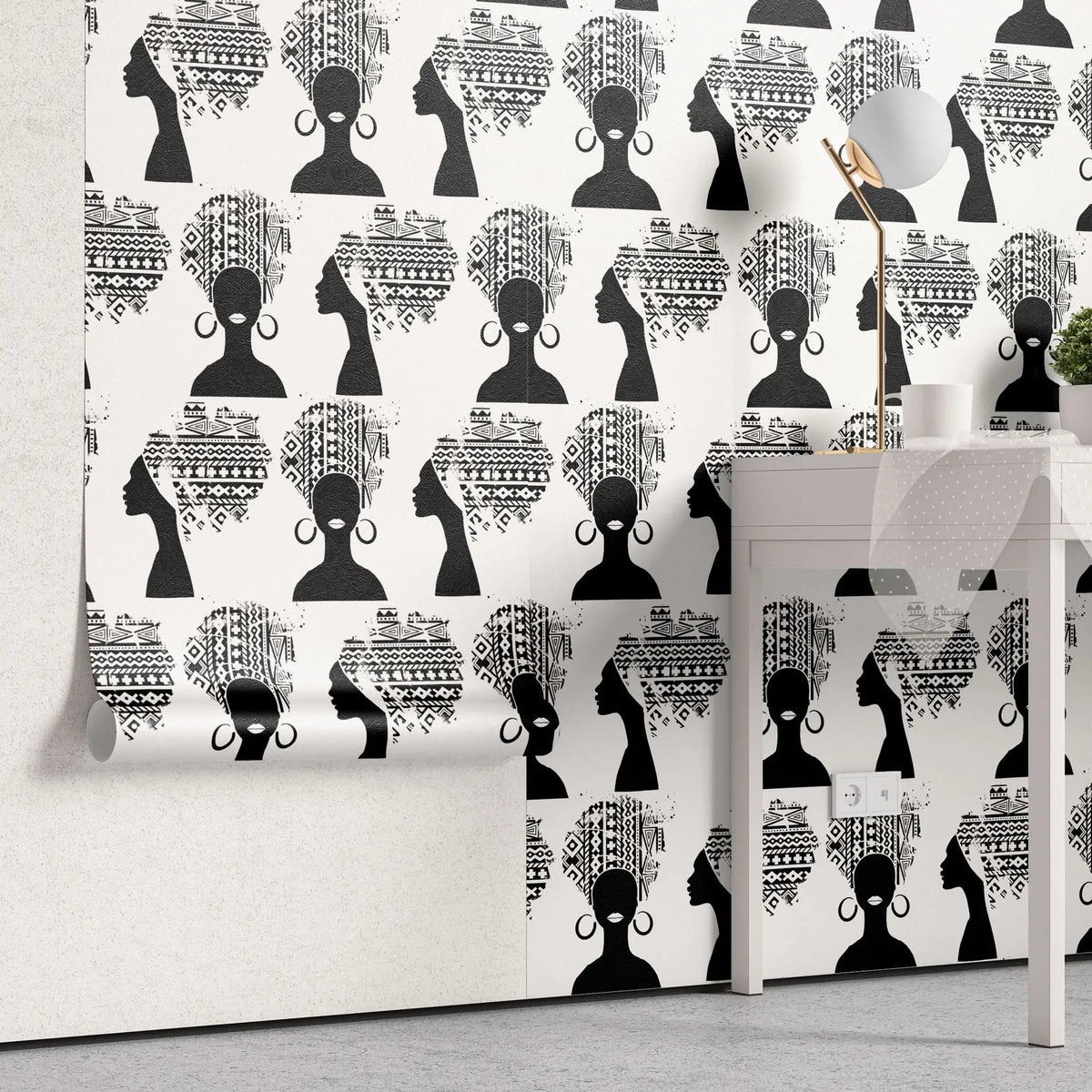 Tapet personalizat african abstract cu femeie cu turban african pe fundal alb african woman