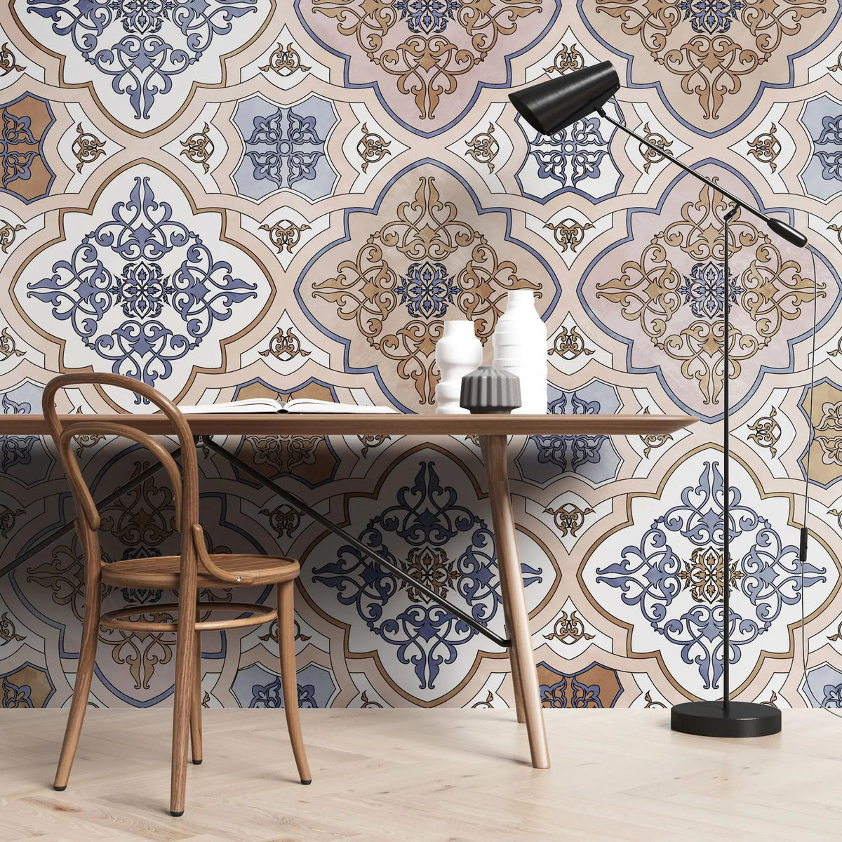 Tapet personalizat oriental cu model de inspiratie arabica damascan in nuante calde placute light damask