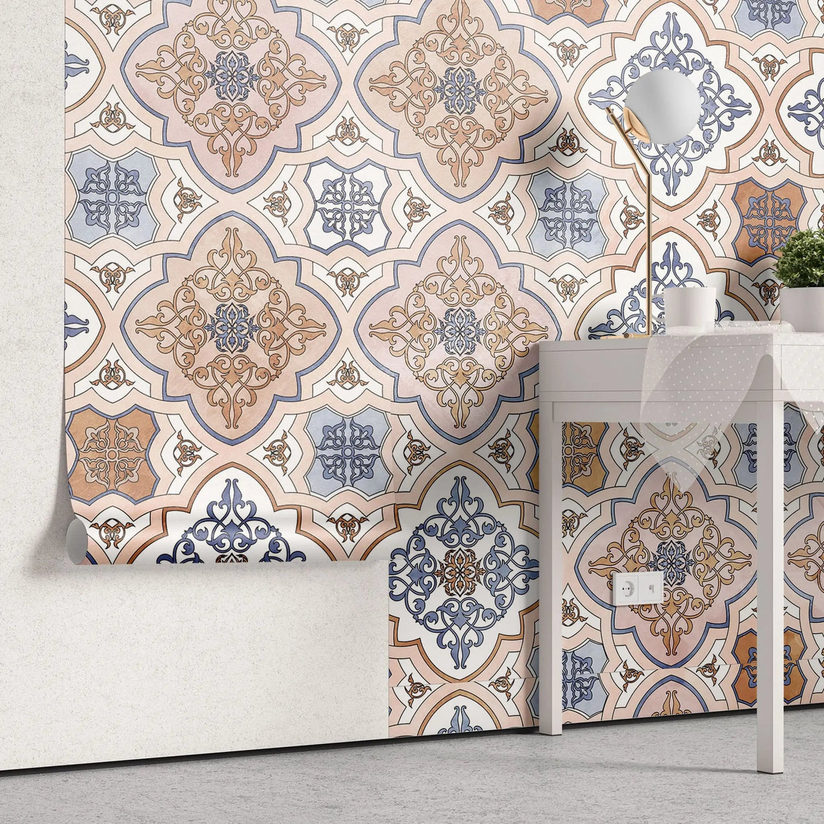 Tapet personalizat oriental cu model de inspiratie arabica damascan in nuante calde placute light damask