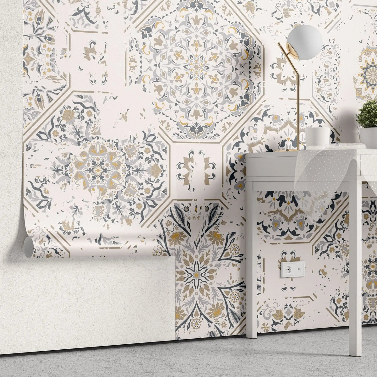 Tapet personalizat oriental cu modele de mandle in culori deschise warm mandala