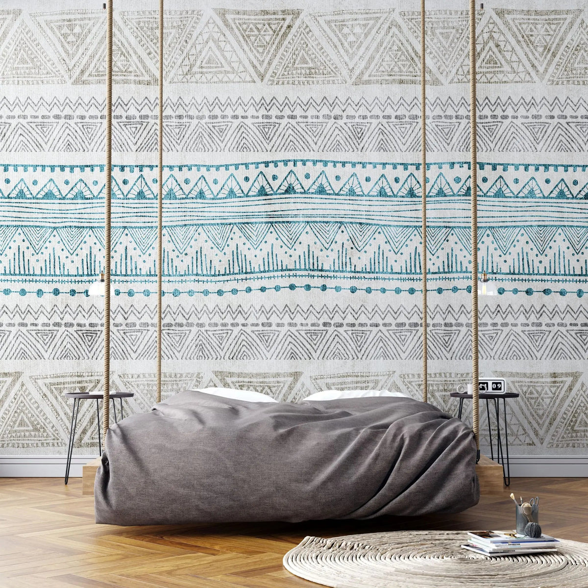 Tapet personalizat mozaic cu model aztec ikat in nuante de turcoaz si bej turqoise ikat