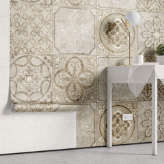 Tapet personalizat Mozaic cu elemente florale in nuante de bej granit - ANCIENT TILES