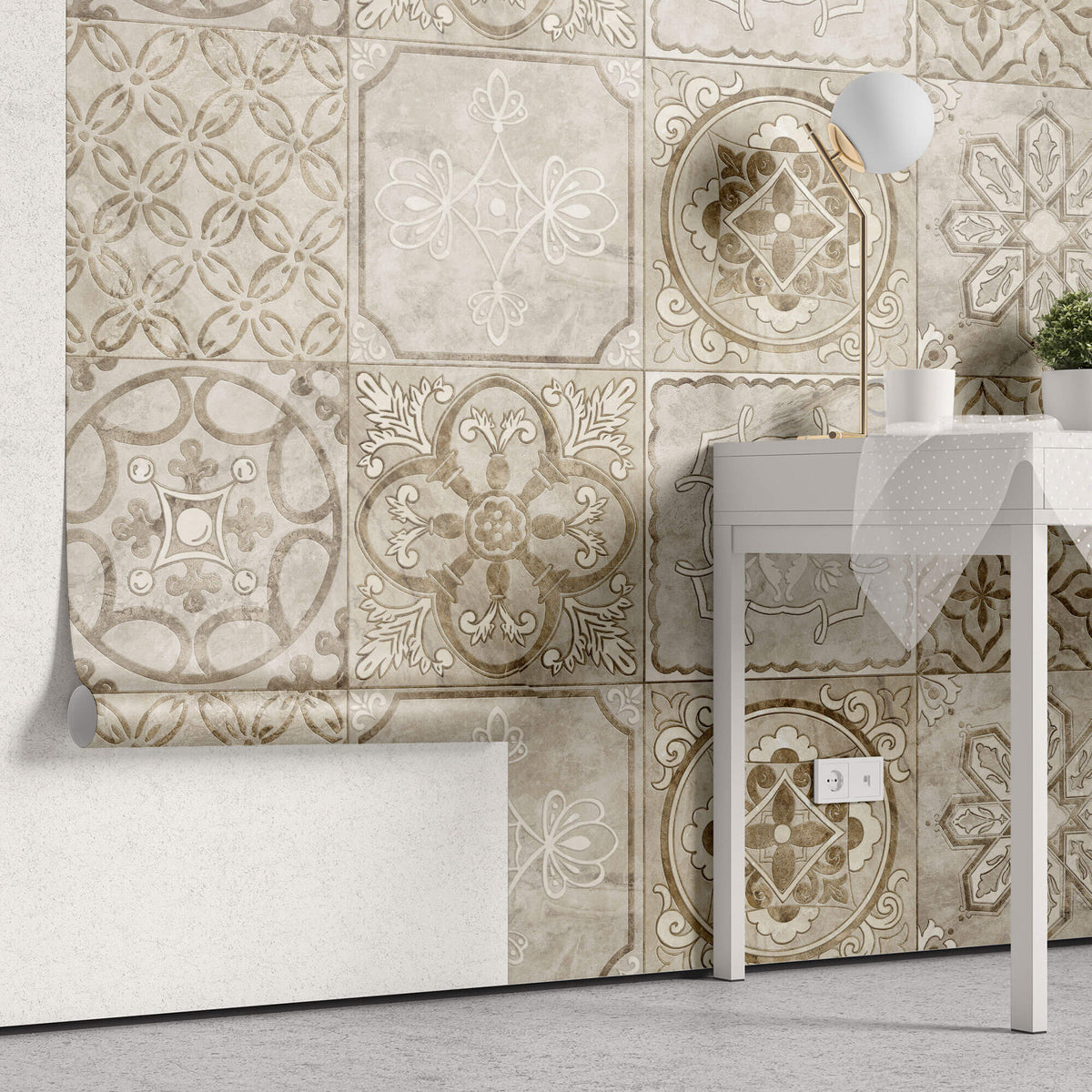 Tapet personalizat Mozaic cu elemente florale in nuante de bej granit - ANCIENT TILES