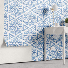 Tapet personalizat Mozaic cu elemente florale in nuante de albastru watercolor - BLUE TRIANGLE TILES