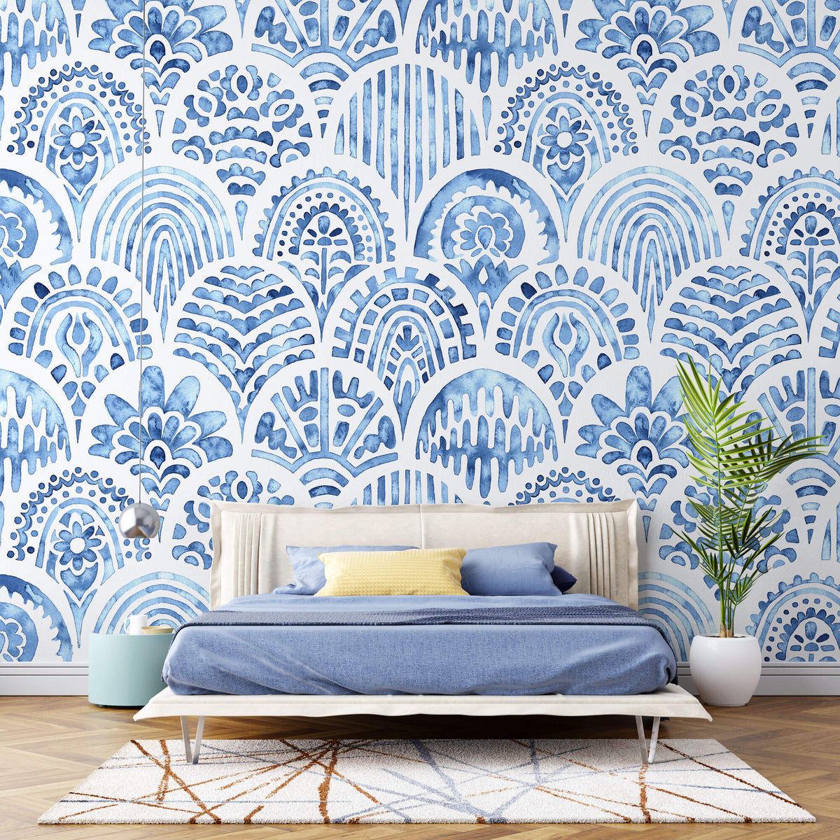 Tapet personalizat Mozaic cu mosaic albastru in nuante de albastru watercolor - BLUE ARCHES TILES