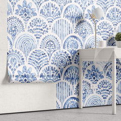 Tapet personalizat Mozaic cu mosaic albastru in nuante de albastru watercolor - BLUE ARCHES TILES