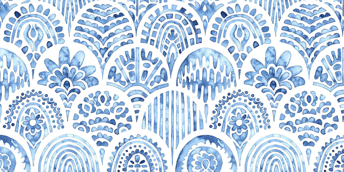 Tapet personalizat Mozaic cu mosaic albastru in nuante de albastru watercolor - BLUE ARCHES TILES