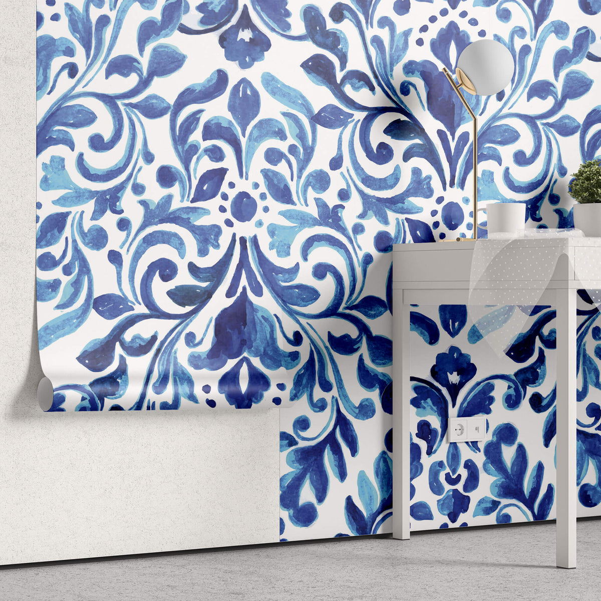Tapet personalizat Mozaic cu pictura in nuante de albastru intens - BLUE DAMASK FLOWERS