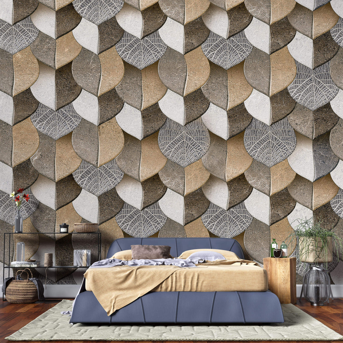 Tapet personalizat Mozaic cu frunze in nuante de bej granit - 3D BROWN LEAVES
