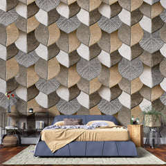 Tapet personalizat Mozaic cu frunze in nuante de bej granit - 3D BROWN LEAVES