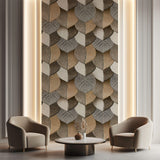 Tapet personalizat Mozaic cu frunze in nuante de bej granit - 3D BROWN LEAVES