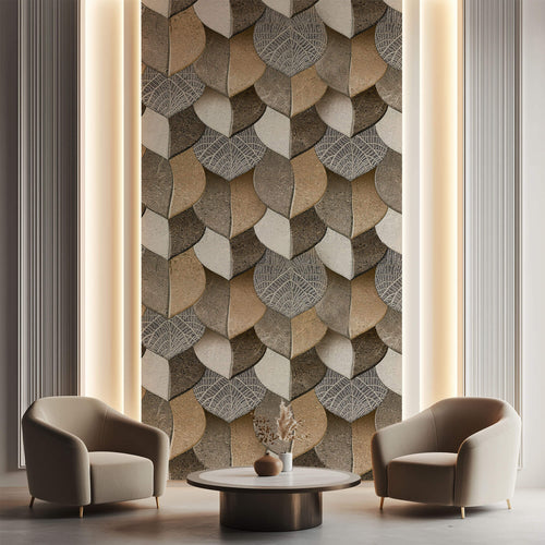 Tapet personalizat Mozaic cu frunze in nuante de bej granit - 3D BROWN LEAVES