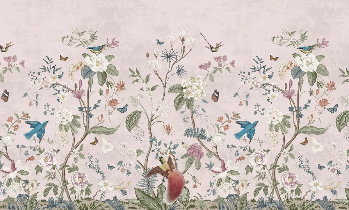 Tapet personalizat oriental cu gradina chinezeasca plina de flori si animale pe un fundal roz pastel chinoiserie garden