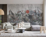 Tapet personalizat oriental cu cocori japonezi si steagul japoniei integrat pe un fundal de beton concrete japan