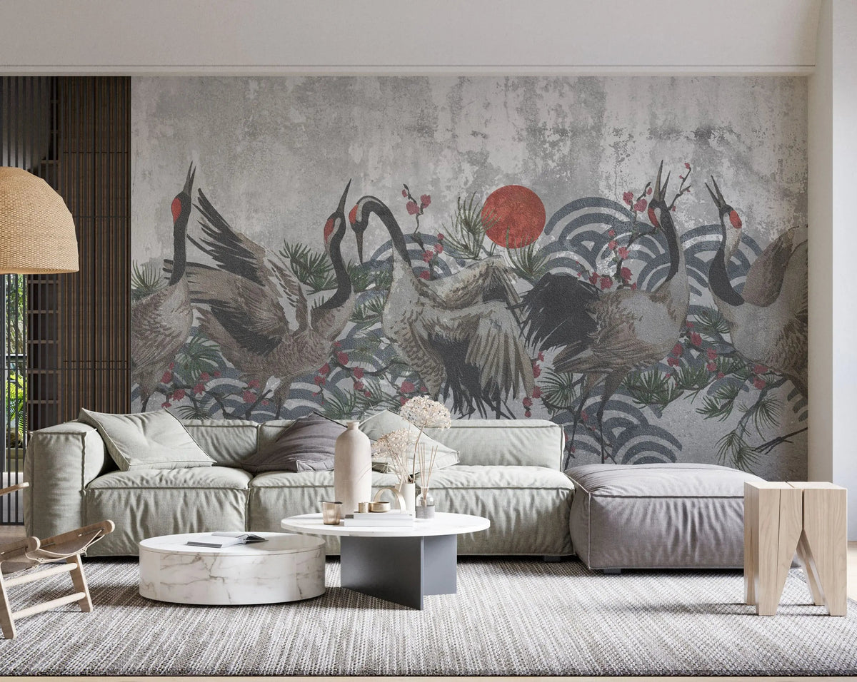 Tapet personalizat oriental cu cocori japonezi si steagul japoniei integrat pe un fundal de beton concrete japan
