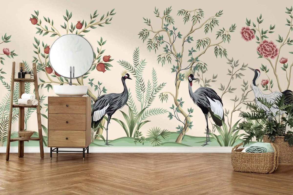 Tapet personalizat oriental cu cocori intr o gradina cu pomi fructiferi plante si arbori infloriti pe un fundal cald crane garden