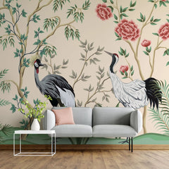 Tapet personalizat oriental cu cocori intr o gradina cu pomi fructiferi plante si arbori infloriti pe un fundal cald crane garden