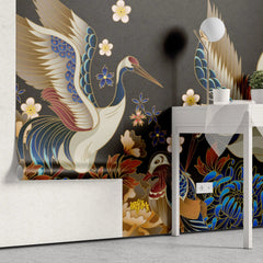 Tapet personalizat oriental cu pasari japoneze printre flori orientale pe un fundal negru dark oriental japanise