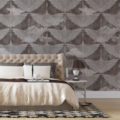 Tapet personalizat oriental cu egrete albe printre nori pe un fundal inchis flying egrets