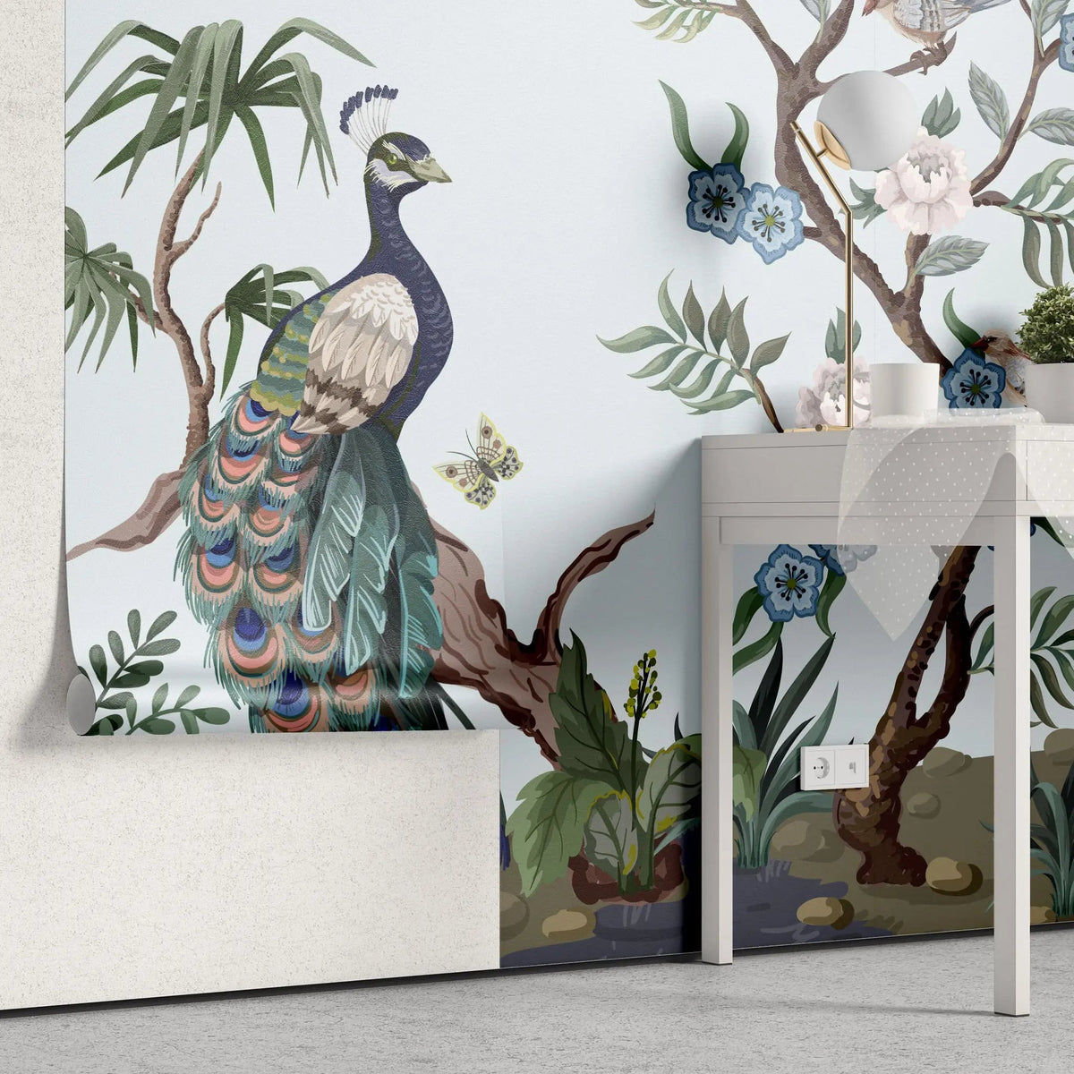 Tapet personalizat oriental cu egrete pauni fazani si copaci infloriti oriental garden