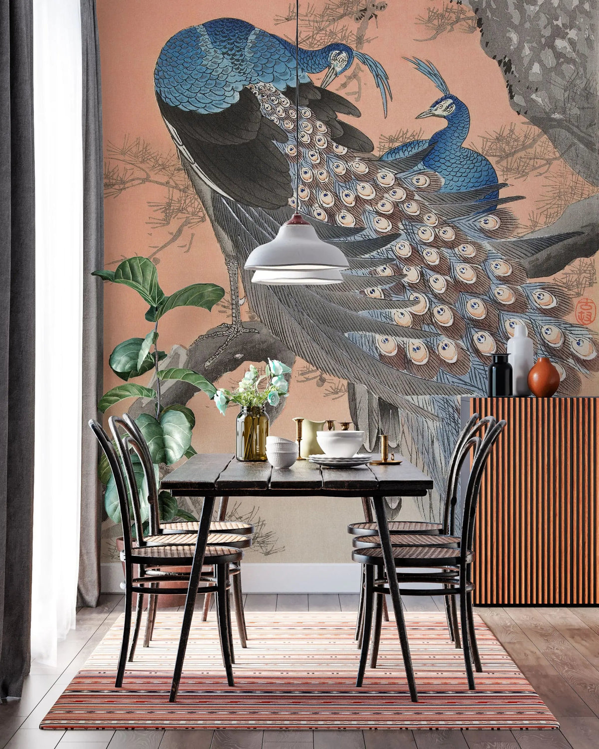 Tapet personalizat oriental cu pauni albastri in copac oriental peacocks