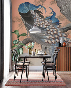 Tapet personalizat oriental cu pauni albastri in copac oriental peacocks