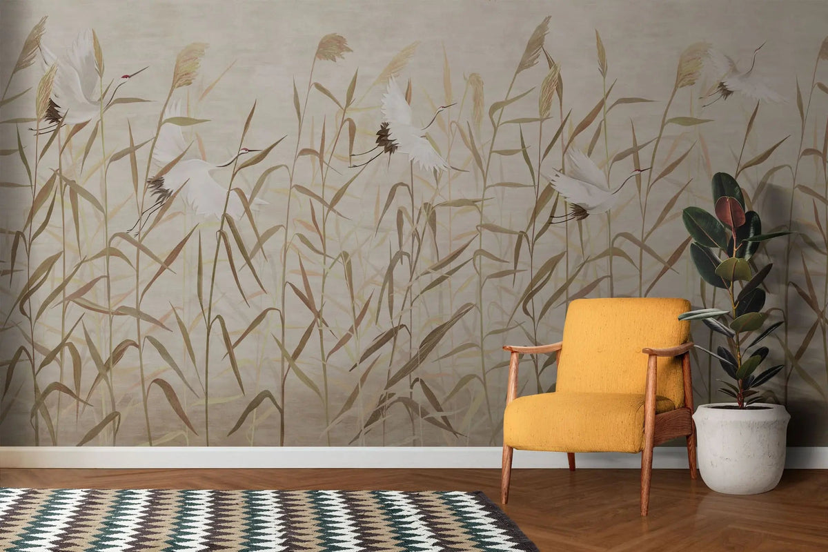 Tapet personalizat oriental cu cocori japonezi zburand printre plante de stuf reed cranes