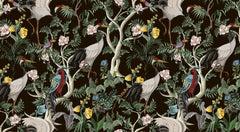 Tapet personalizat oriental cu cocori japonezi si fazani intr o jungla exotica orientala inflorita oriental jungle