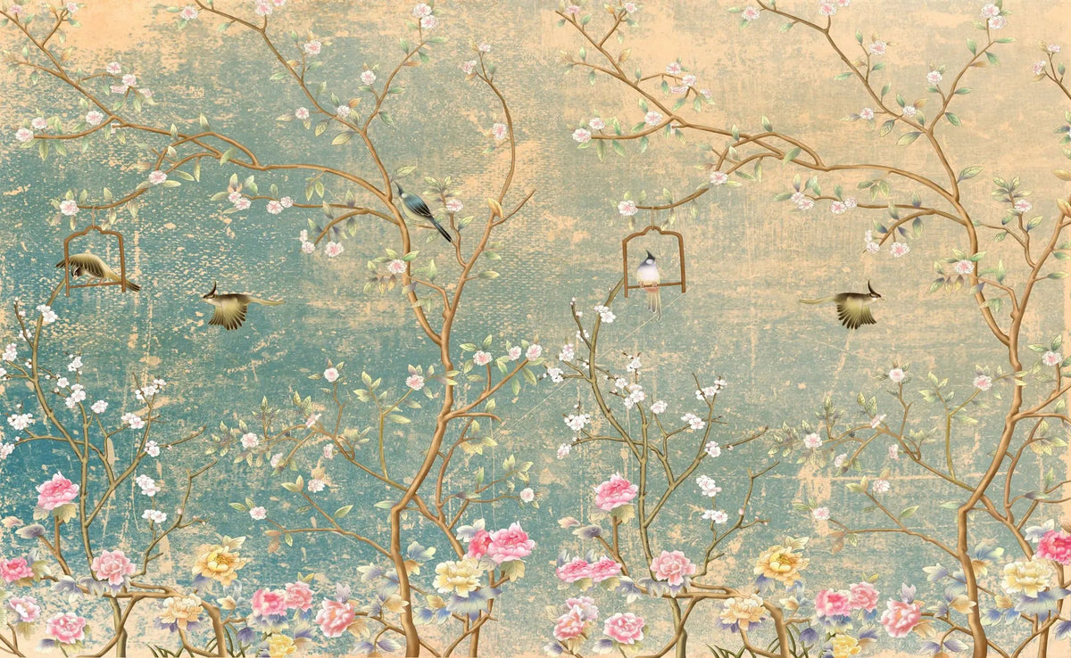 Fototapet personalizat zen oriental cu motive chinezesti in stil chinoiserie vintage in nuante calde vintage chinoiserie