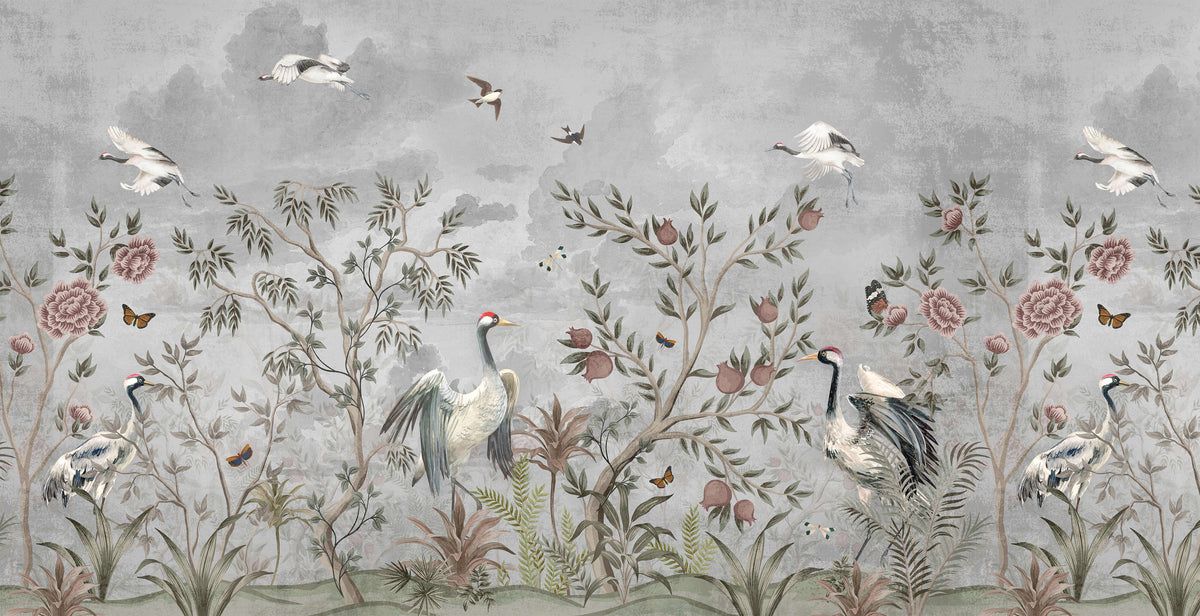 Grayscale Oriental Birds Personalised Wallpaper