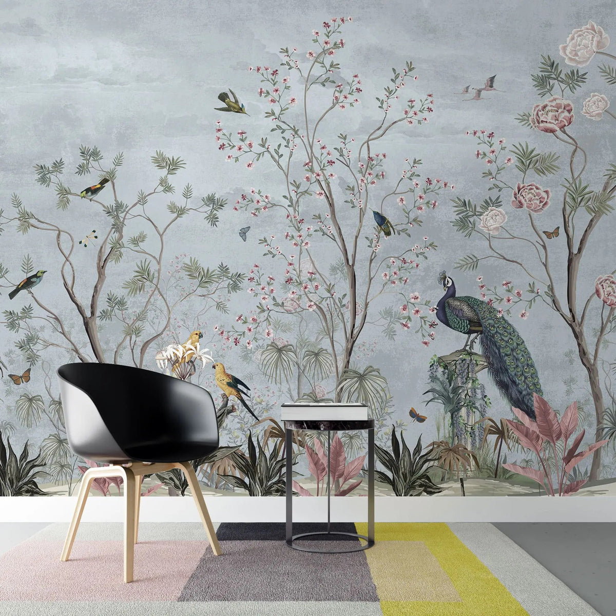 Tapet personalizat zen oriental cu pasari si plante orientale pauni si copaci infloriti pe cerul albastru oriental bird's bliss