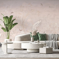 Tapet personalizat zen oriental cu pauni albi pe un fundal roz paled pink zen