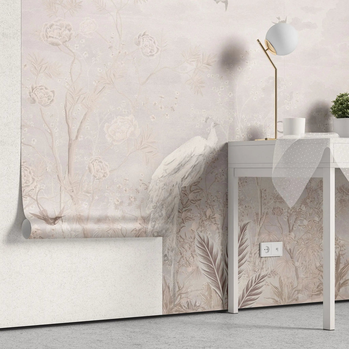 Tapet personalizat zen oriental cu pauni albi pe un fundal roz paled pink zen